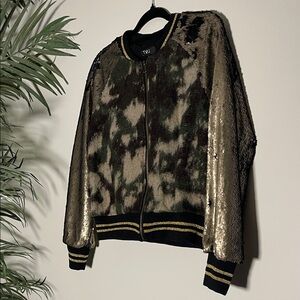 TYLI Mixed Media Bomber | Sequin Sleeves | Abstract Camo Knit | Size M